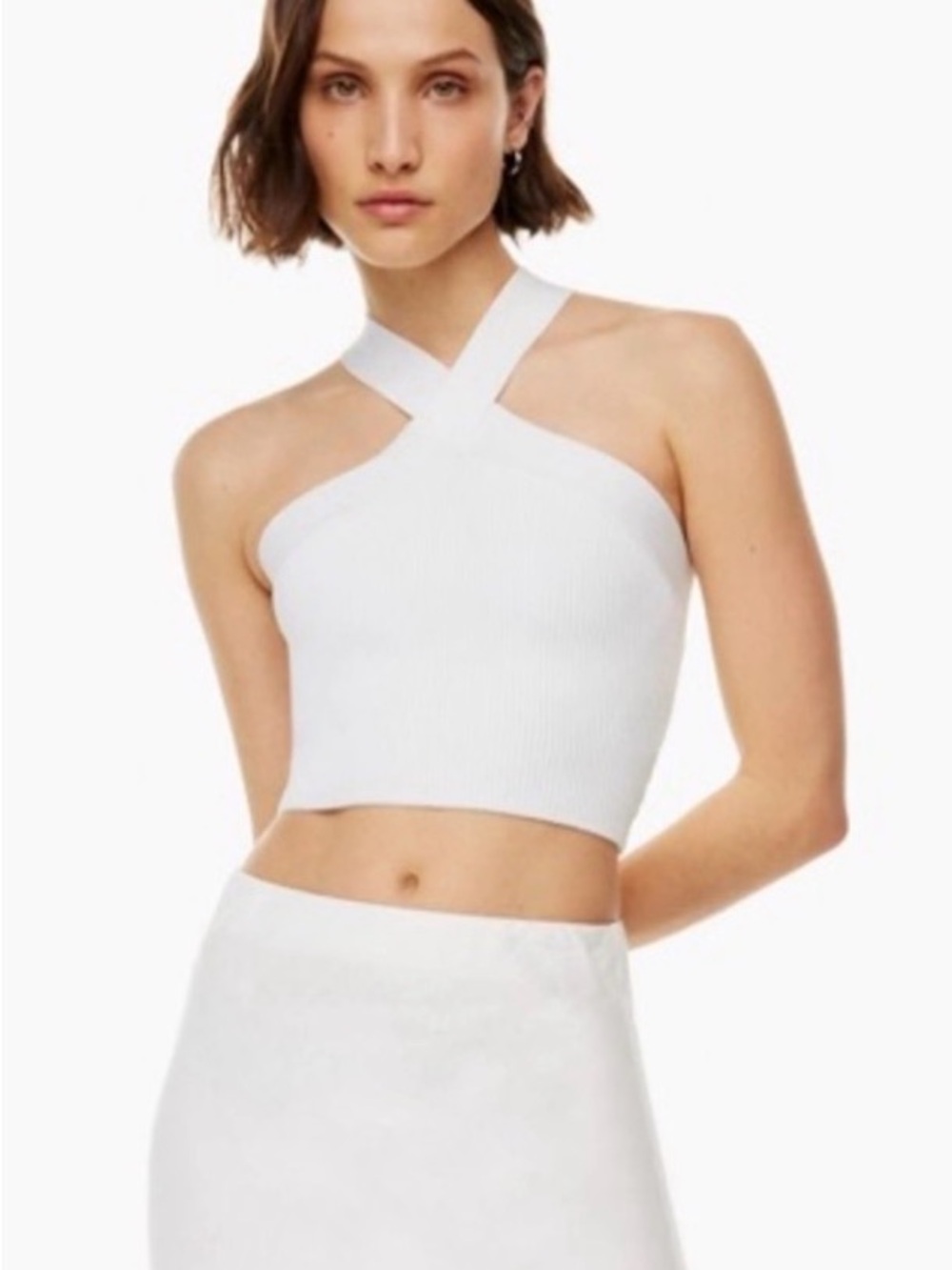Babaton White Ribbed Cross-Back Halter Crop Top
